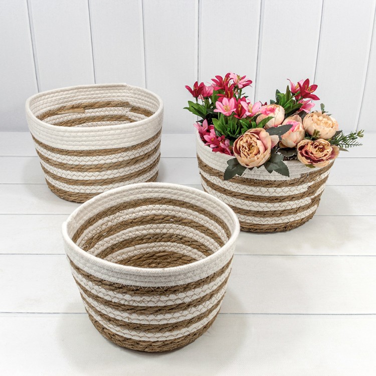 420215/230 Корзины плетёные Круглые Набор 1/3 29*18 (±5%) из хлопка и камыша Белый/Натуральный 1/8