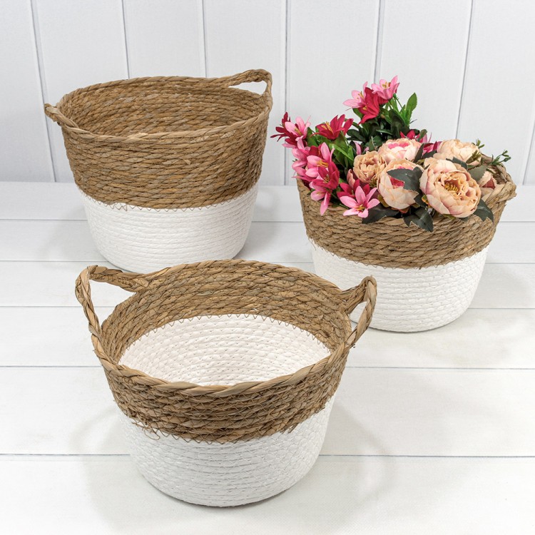 420218/231 Корзины плетёные Круглые Набор 1/3 36*27 (±5%) из камыша и хлопка с ручками Натуральный/Белый 1/8