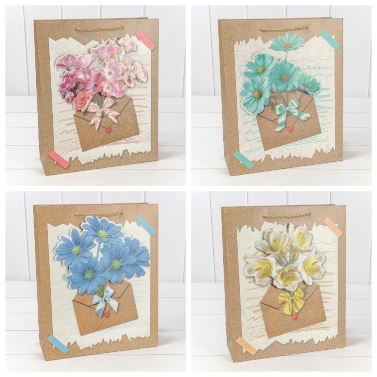 000115C Пакет подарочный с 3D аппликацией "Цветы" (микс115) 26*32*10 210г 1/20 1/80