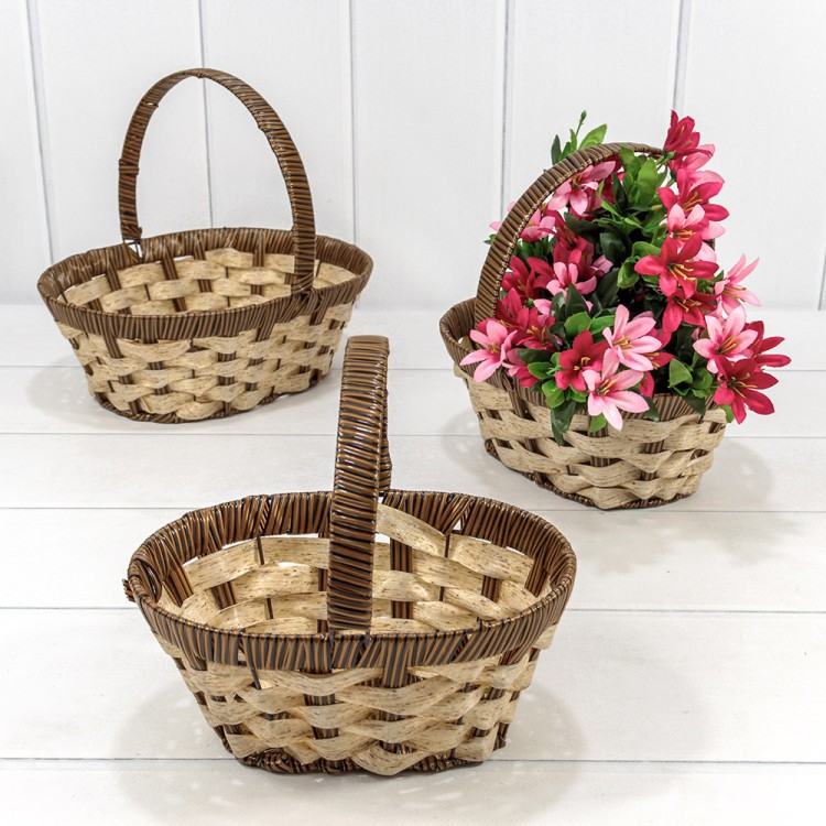 420177/2197 Корзины плетёные Овальные Набор 1/3 27*21*10 (±5%) из пластика с ручкой Коричневый/Бежевый 1/20