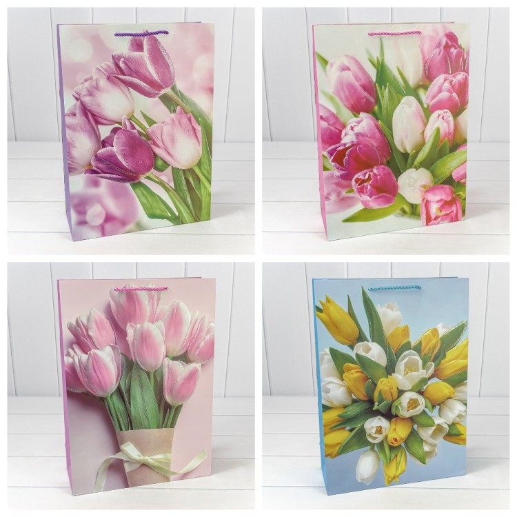 000311A Пакет подарочный с блёстками "Тюльпаны" (микс-311) 30*41,5*12 210г 1/20 1/80