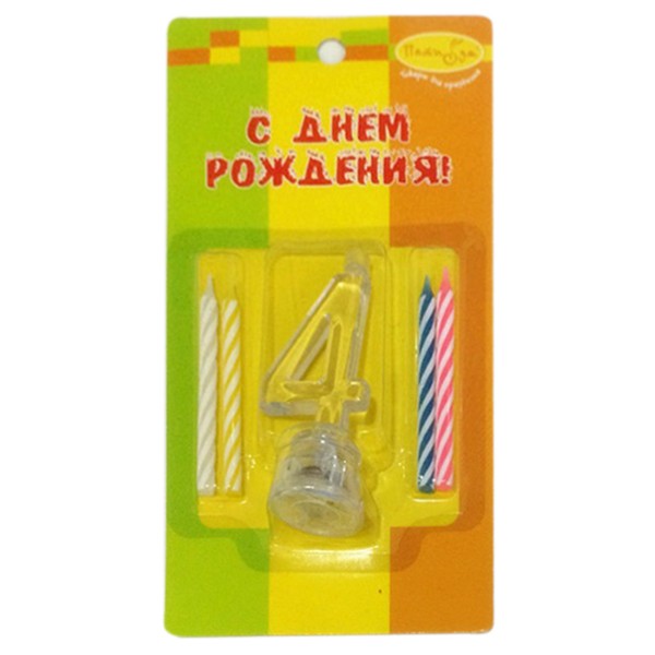 6050009 Y Набор свечей 4шт с мигающим держателем 7см Цифра 4