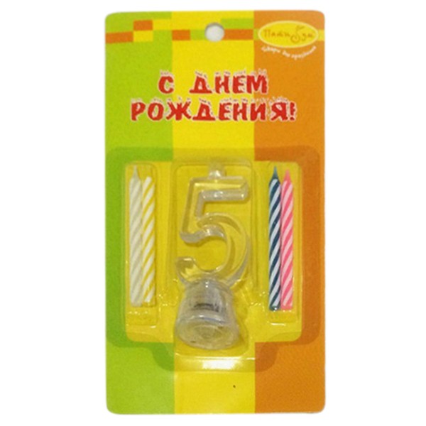 6050016 Y Набор свечей 4шт с мигающим держателем 7см Цифра 5