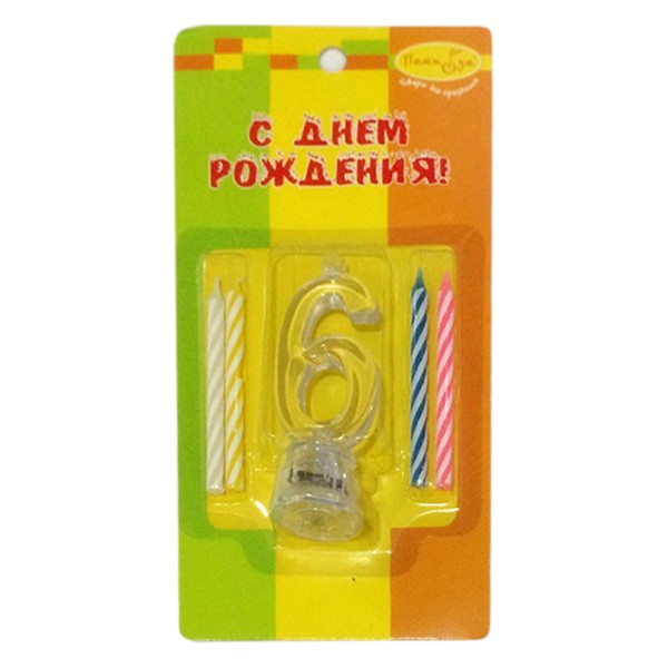 6050023 Y Набор свечей 4шт с мигающим держателем 7см Цифра 6