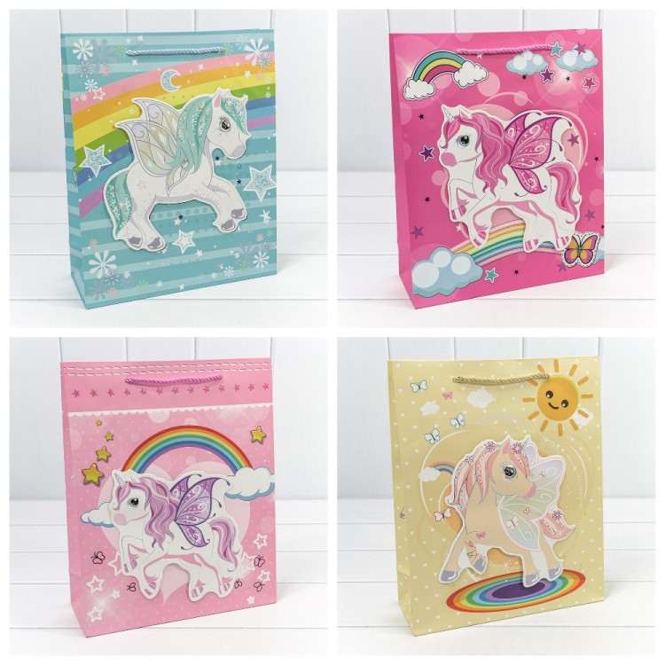 000333C Пакет подарочный с 3D аппликацией "Единороги" (микс) 26*32*10 210г 1/20 1/240